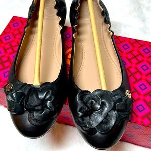 Tory Burch Blossom Ballet black leather flats.